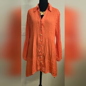 Sunny Leigh Orange Pleated Button Front Tunic See Thru Blouse Size L Boho Flowy